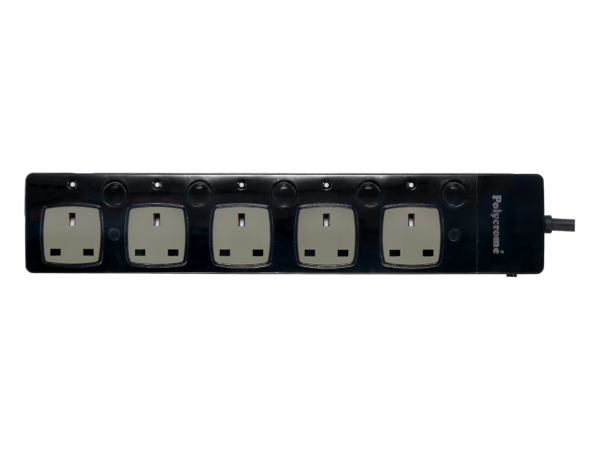 Polycrome Switched Extension Lead - 13A 5 Way Black 1.5m