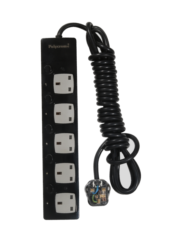Polycrome Switched Extension Lead - 13A 5 Way Black 1.5m