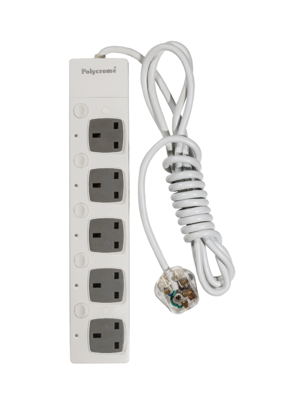 Polycrome Switched Extension Lead - 13A 5 Way White 1.5m