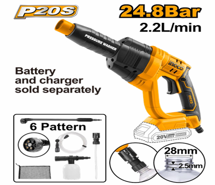INGCO CORDLESS PRESSURE WASHER 20V 24.8BAR