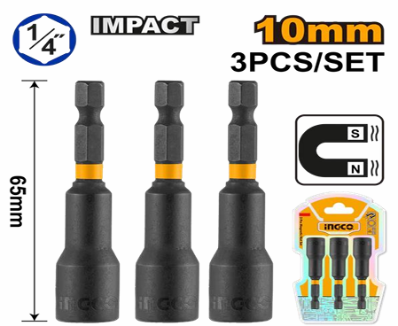 INGCO 3 PCS IMPACT MAGNETIC NUT SET 10MM